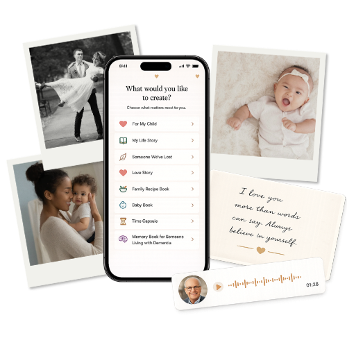 Loviso app shown with family photos and a handwritten note